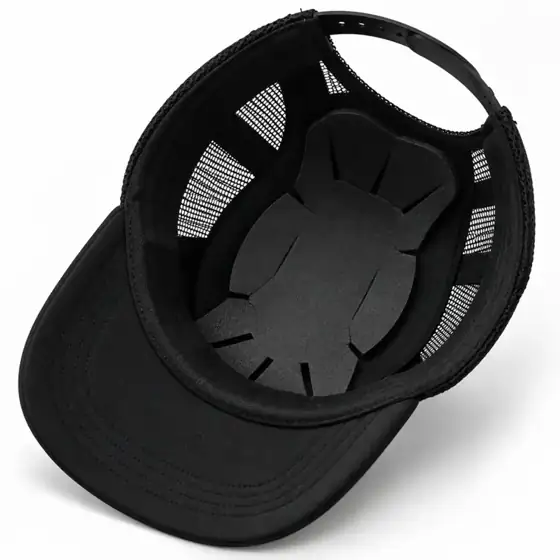 Interior view of trucker-style bump cap showing protective liner